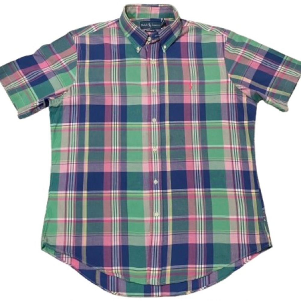 Ralph Lauren Indian Madras Plaid Blue Green Button up Cotton Custom Fit Large